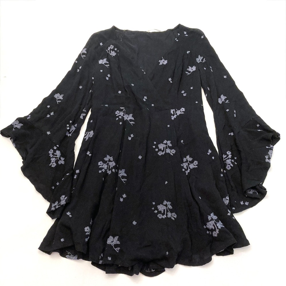 Free People Jasmine Boho Dress Womens 6 Black‎ Floral Bell Sleeves Lined Flowy